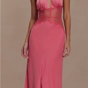 Dinah Lace and Satin Maxi Dress Blush Rose, Lace Maxi Dress Pink Meshki